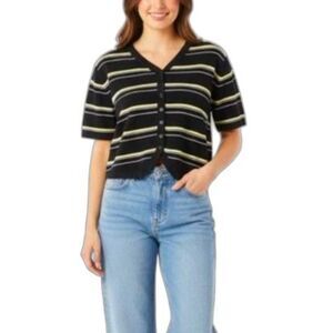 VTG 90s Pendleton Womens Black White Yellow Stripe Crop SS Cardigan Sweater Sz L